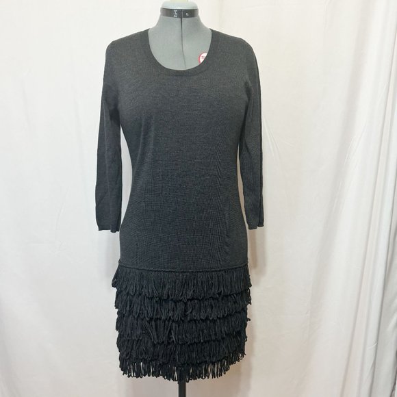 Calvin Klein Sz L Dark Heather Grey 3/4 Sleeves Crew Neck Fringe Sweater Dress - Picture 11 of 14